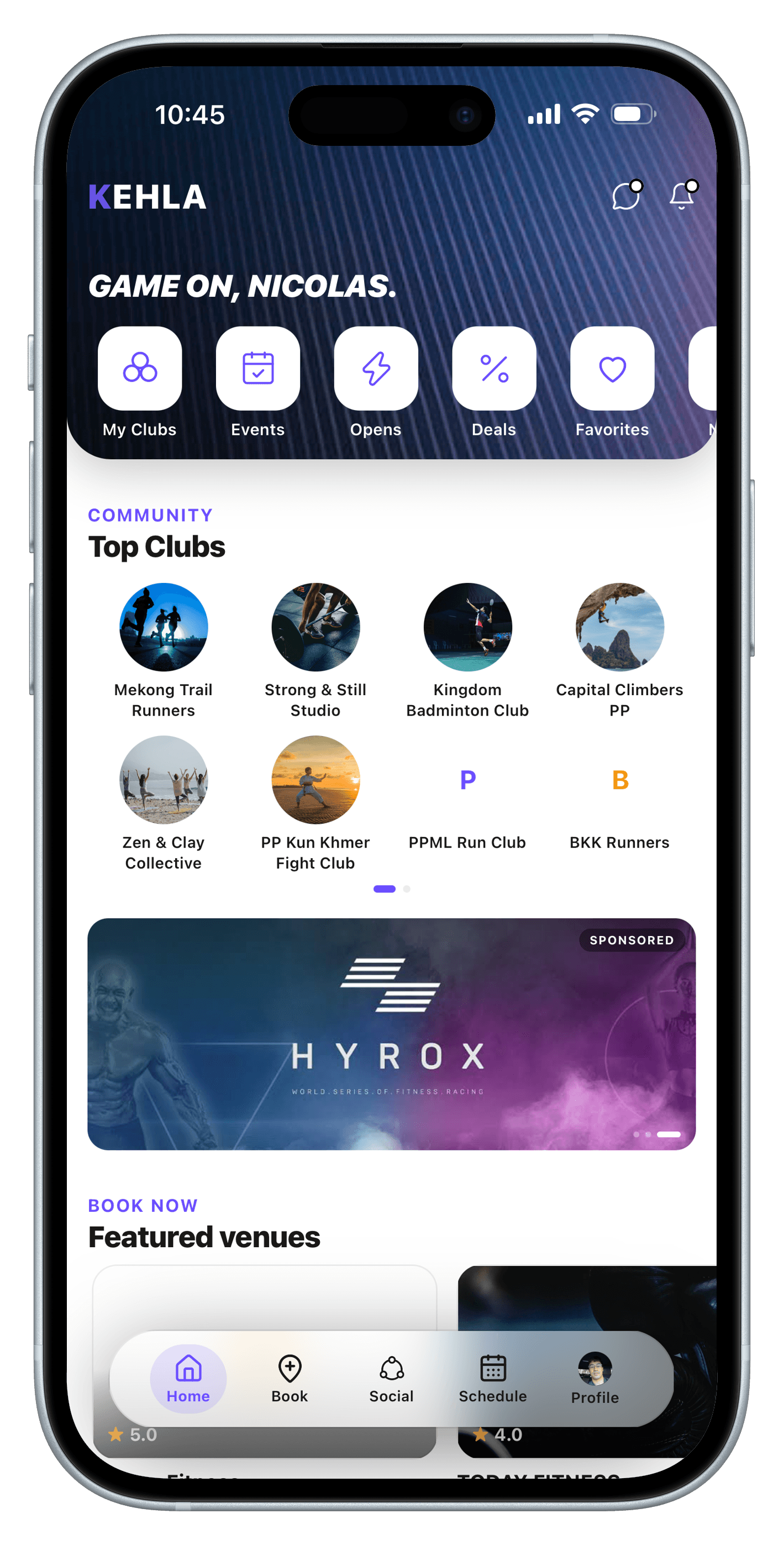 The Kehla app showing top clubs, sponsored events, and featured venues